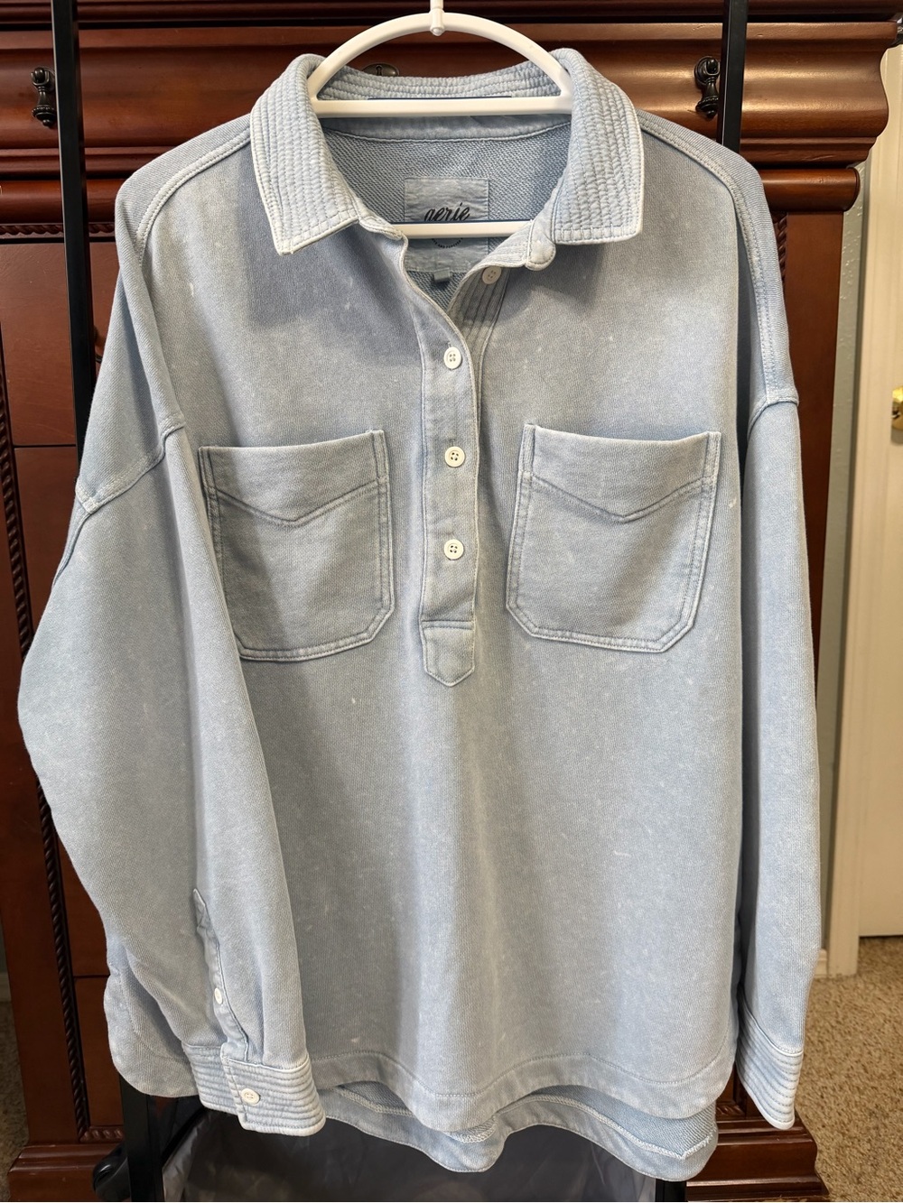 aerie Light Blue Pullover Button-Front Sweatshirt